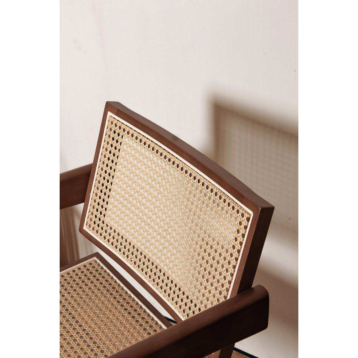 Luxuriöser Designstuhl Pierre Jeanneret in Walnussfarbe + Rattan, Top-Qualität - HomeDesign Knaus