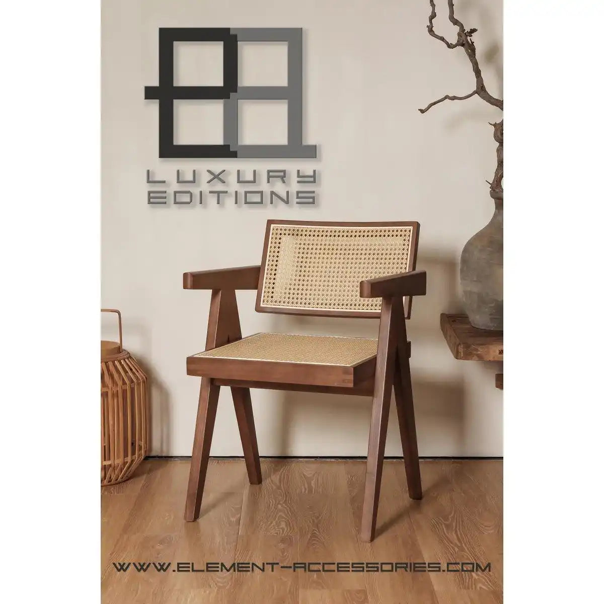 Luxuriöser Designstuhl Pierre Jeanneret in Walnussfarbe + Rattan, Top-Qualität - HomeDesign Knaus
