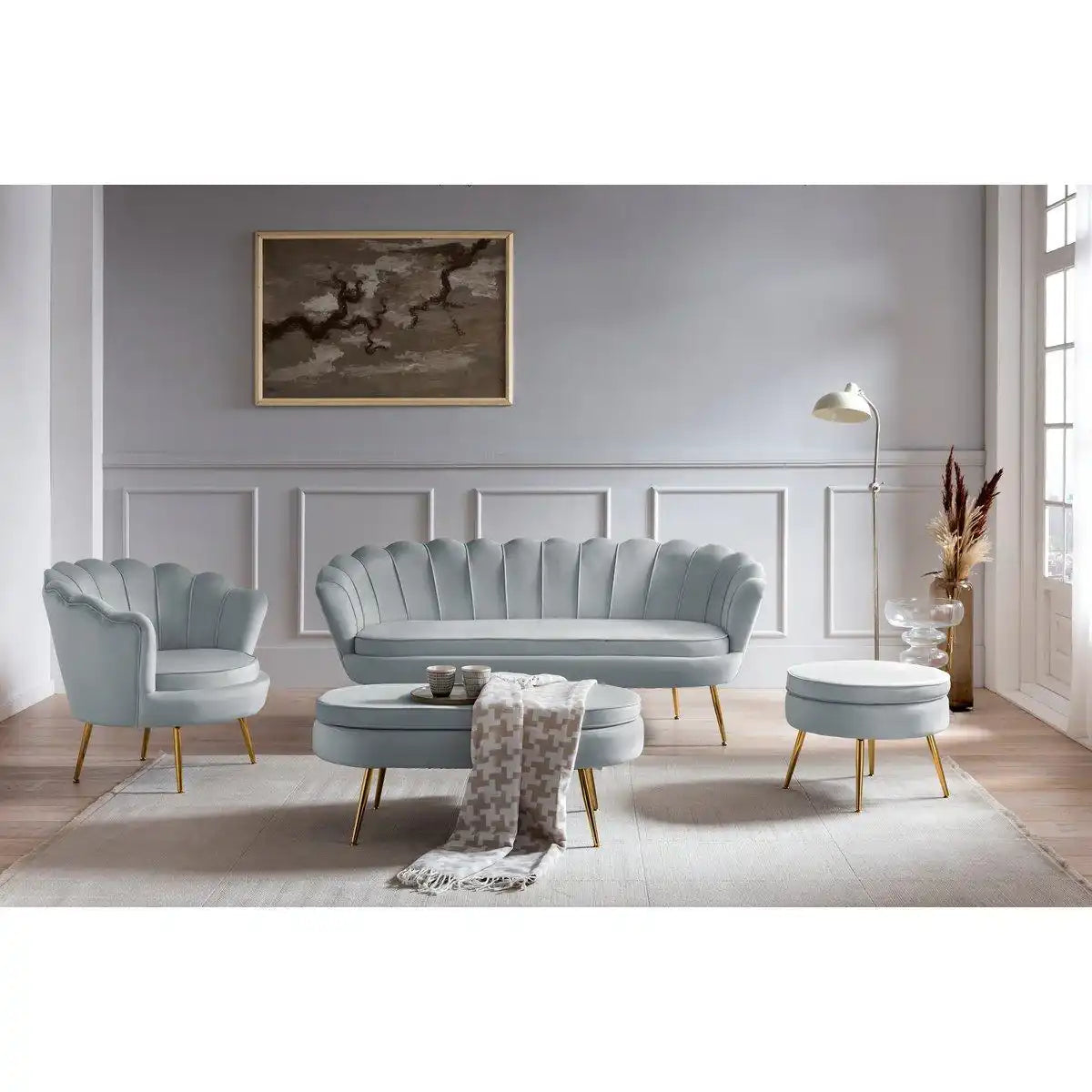 Muschelsofa 3-Sitzer aus Samt Hellgrau - HomeDesign Knaus
