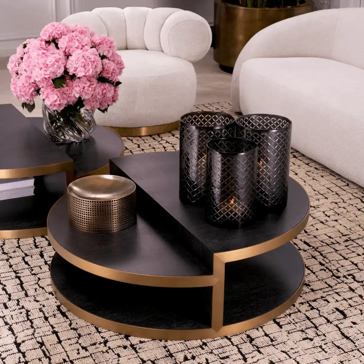 Nilo Couchtisch Anthrazitgraues Eichenfurnier Oberfläche aus gebürstetem Messing - HomeDesign Knaus