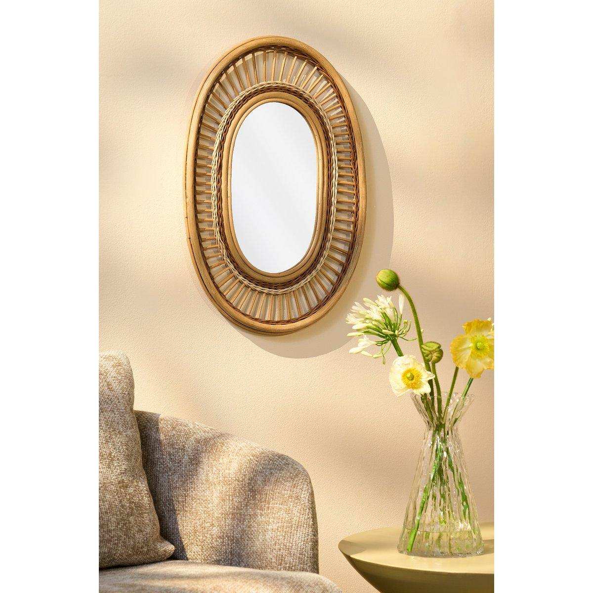 Ovaler Wandspiegel - L59 x B40 x H3 cm - Rattan - hellbraun - HomeDesign Knaus