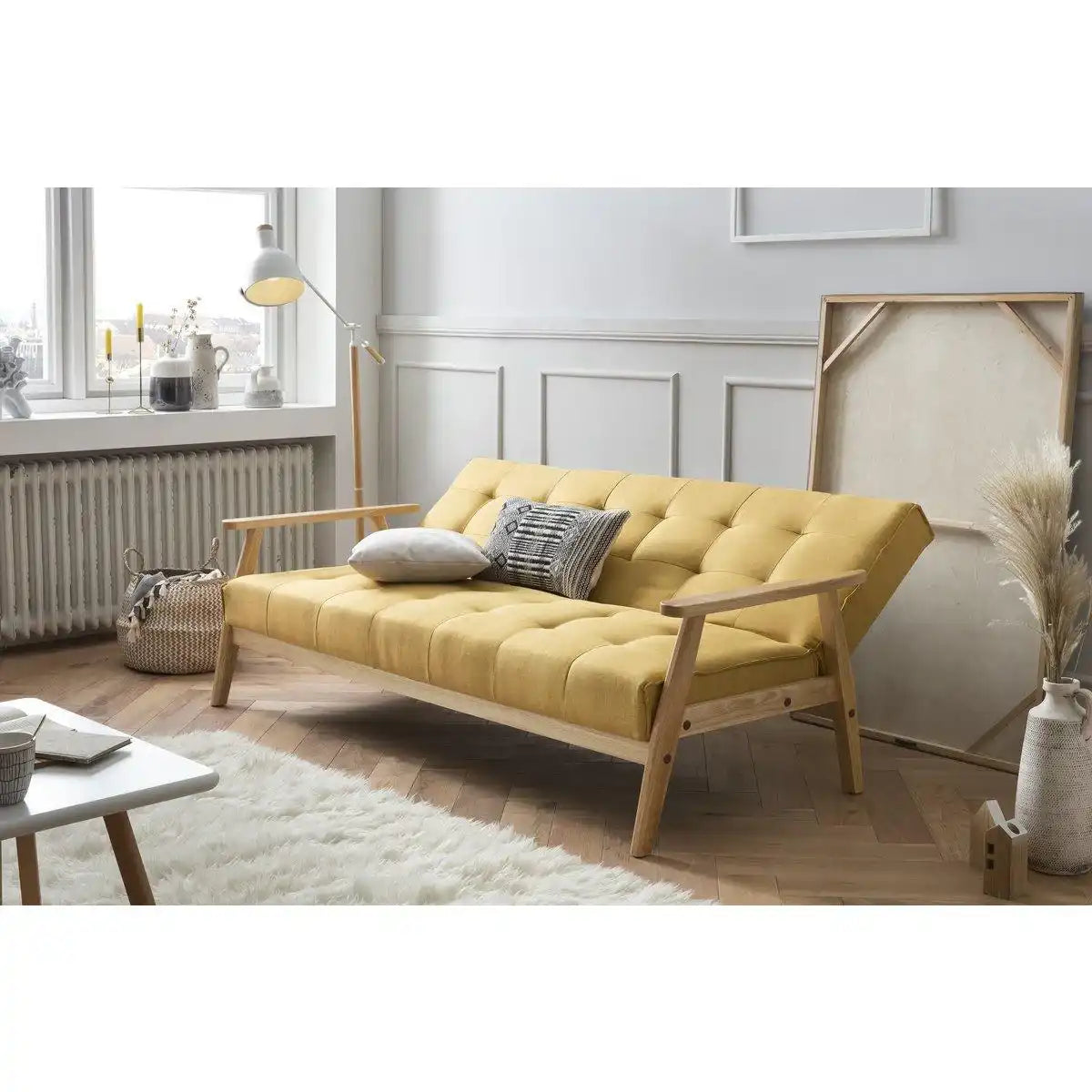 Schlafsofa skandinavisch Strukturstoff senfgelb - HomeDesign Knaus