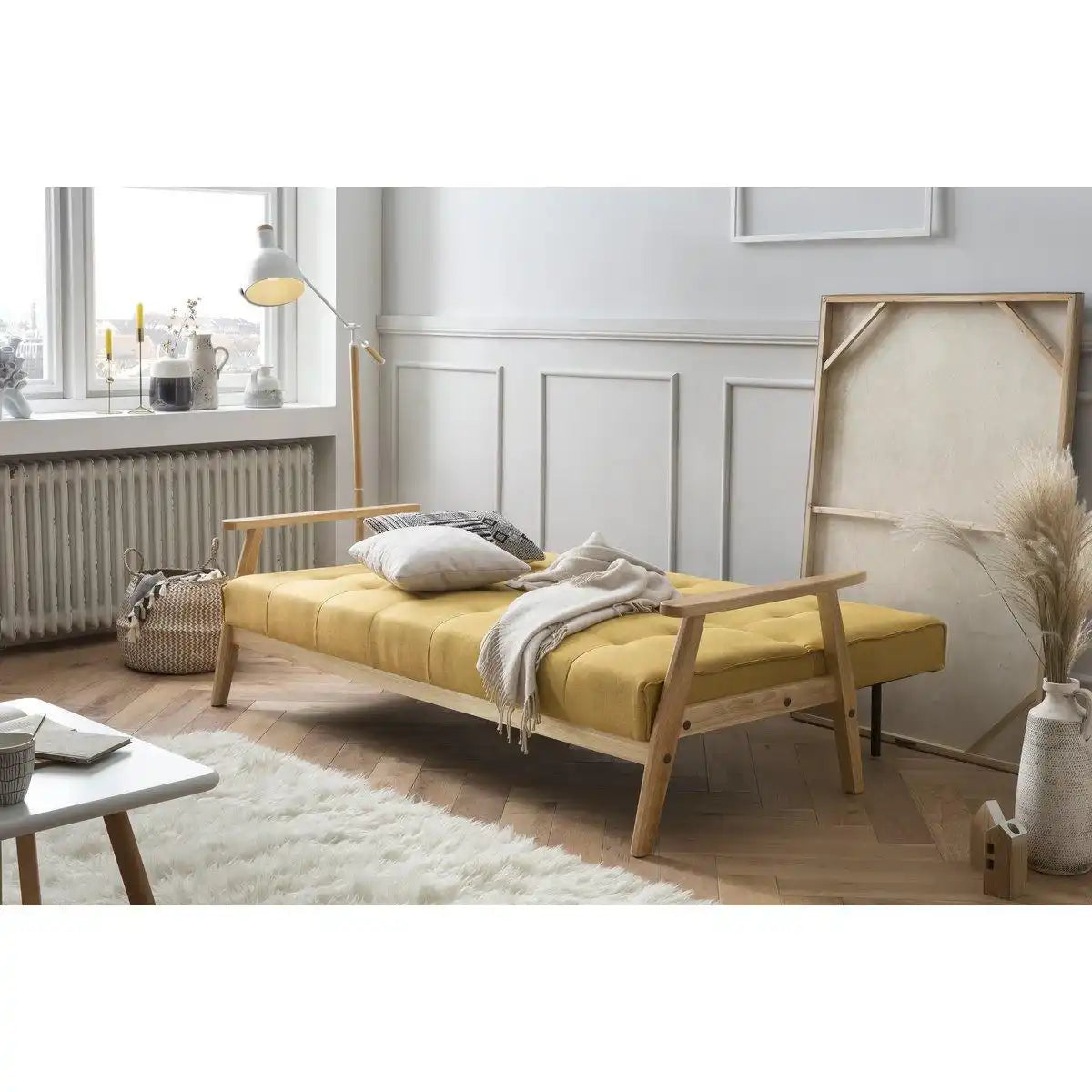 Schlafsofa skandinavisch Strukturstoff senfgelb - HomeDesign Knaus