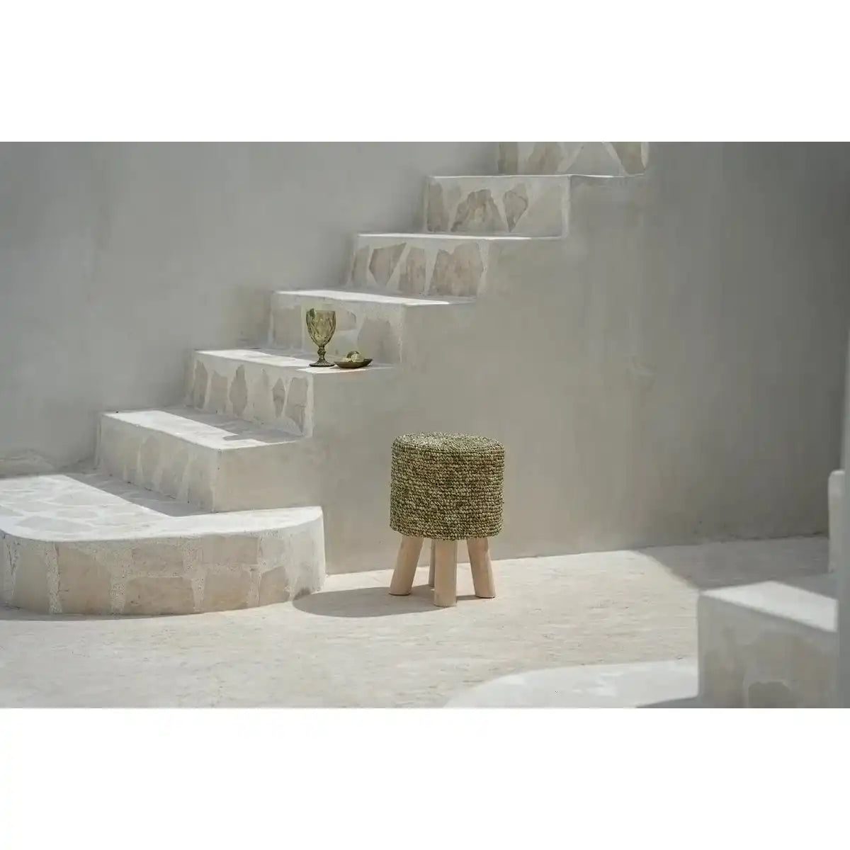 Sitzhocker Raffia-Hocker Dschungelgrün Teakholz - HomeDesign Knaus