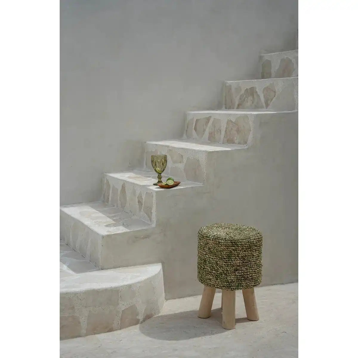 Sitzhocker Raffia-Hocker Dschungelgrün Teakholz - HomeDesign Knaus