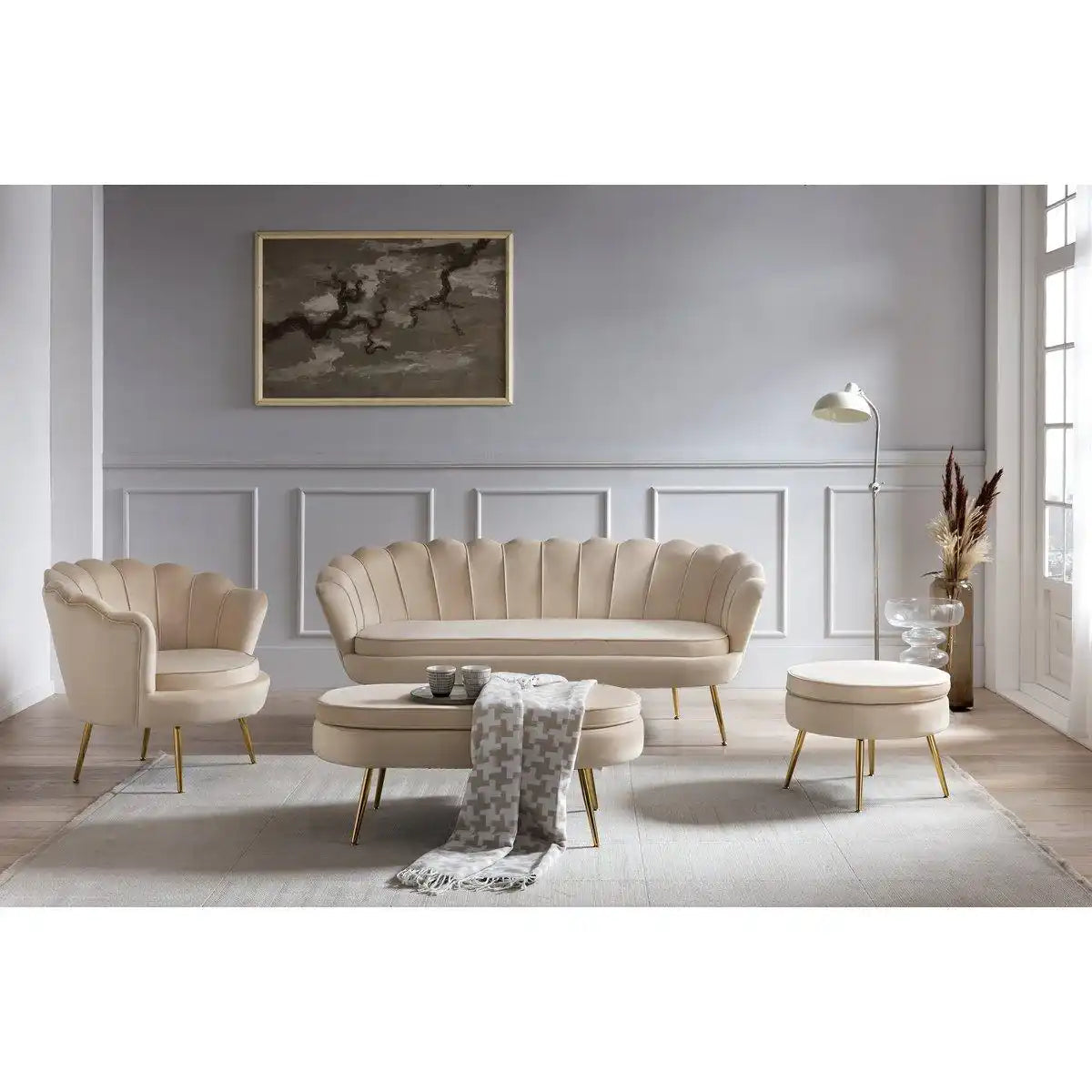 Sitzpouf oval aus Samt Beige - HomeDesign Knaus