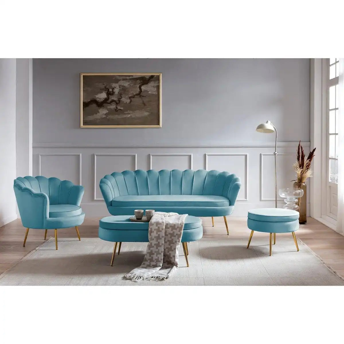 Sitzpouf oval aus Samt Blau - HomeDesign Knaus