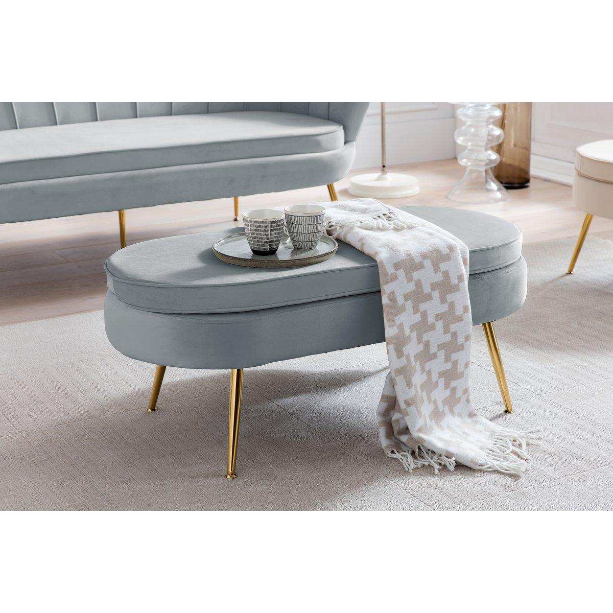 Sitzpouf oval aus Samt Hellgrau - HomeDesign Knaus