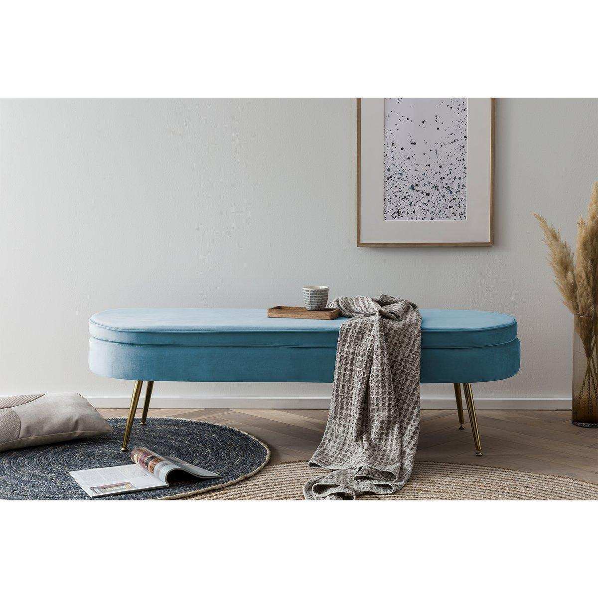 Sitzpouf oval lang aus Samt Blau - HomeDesign Knaus