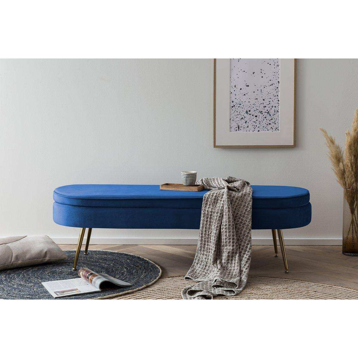 Sitzpouf oval lang aus Samt Dunkelblau - HomeDesign Knaus