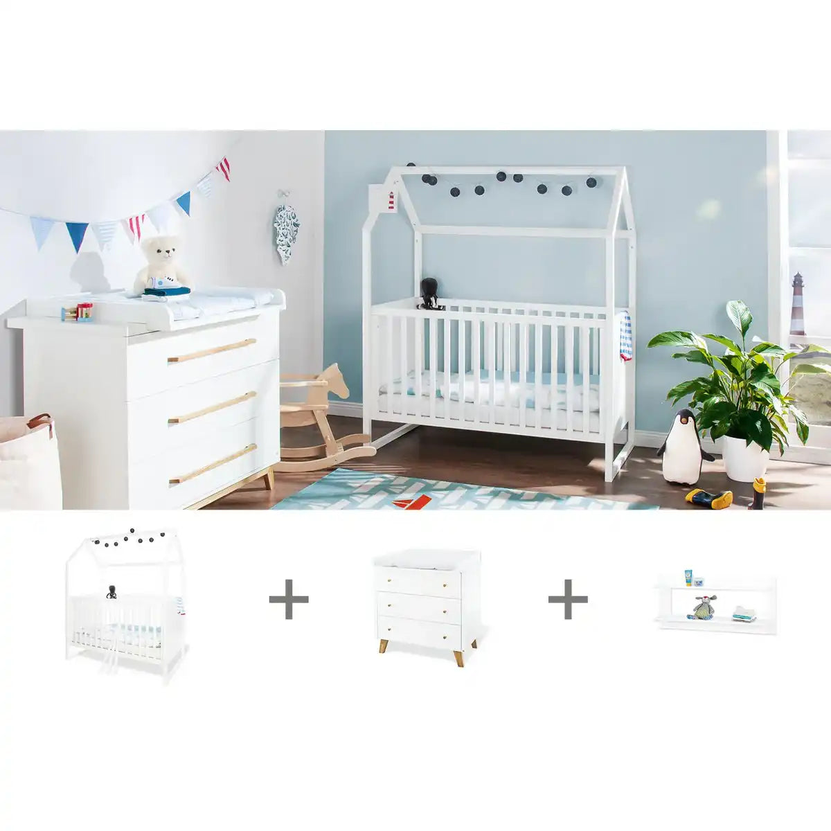 Starter-Set 'Hilda & Pan' breit, weiß, inkl. Wandregal
3-teilig: Hausbett, breite Wickelkommode, Wandregal - HomeDesign Knaus
