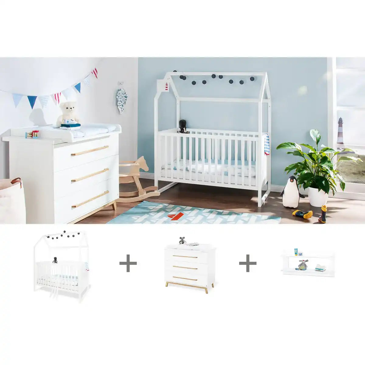 Starter-Set 'Hilda & Riva' breit, weiß, inkl. Wandregal
3-teilig: Hausbett, breite Wickelkommode, Wandregal - HomeDesign Knaus