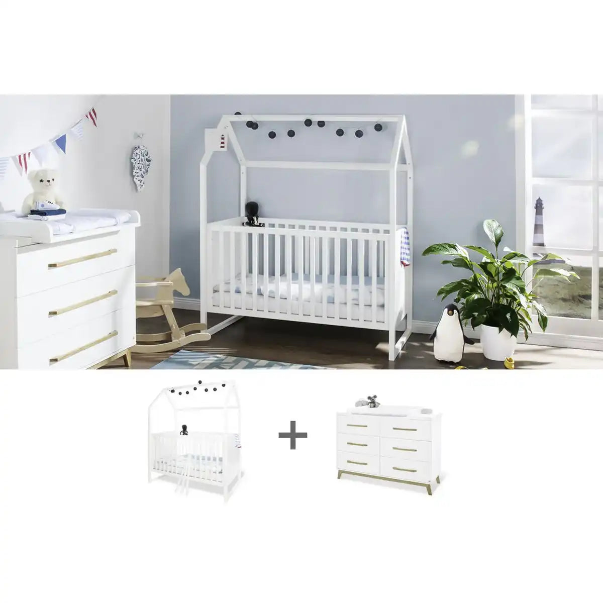 Starter-Set 'Hilda & Riva' extrabreit, weiß
2-teilig: Hausbett, extra breite Wickelkommode - HomeDesign Knaus