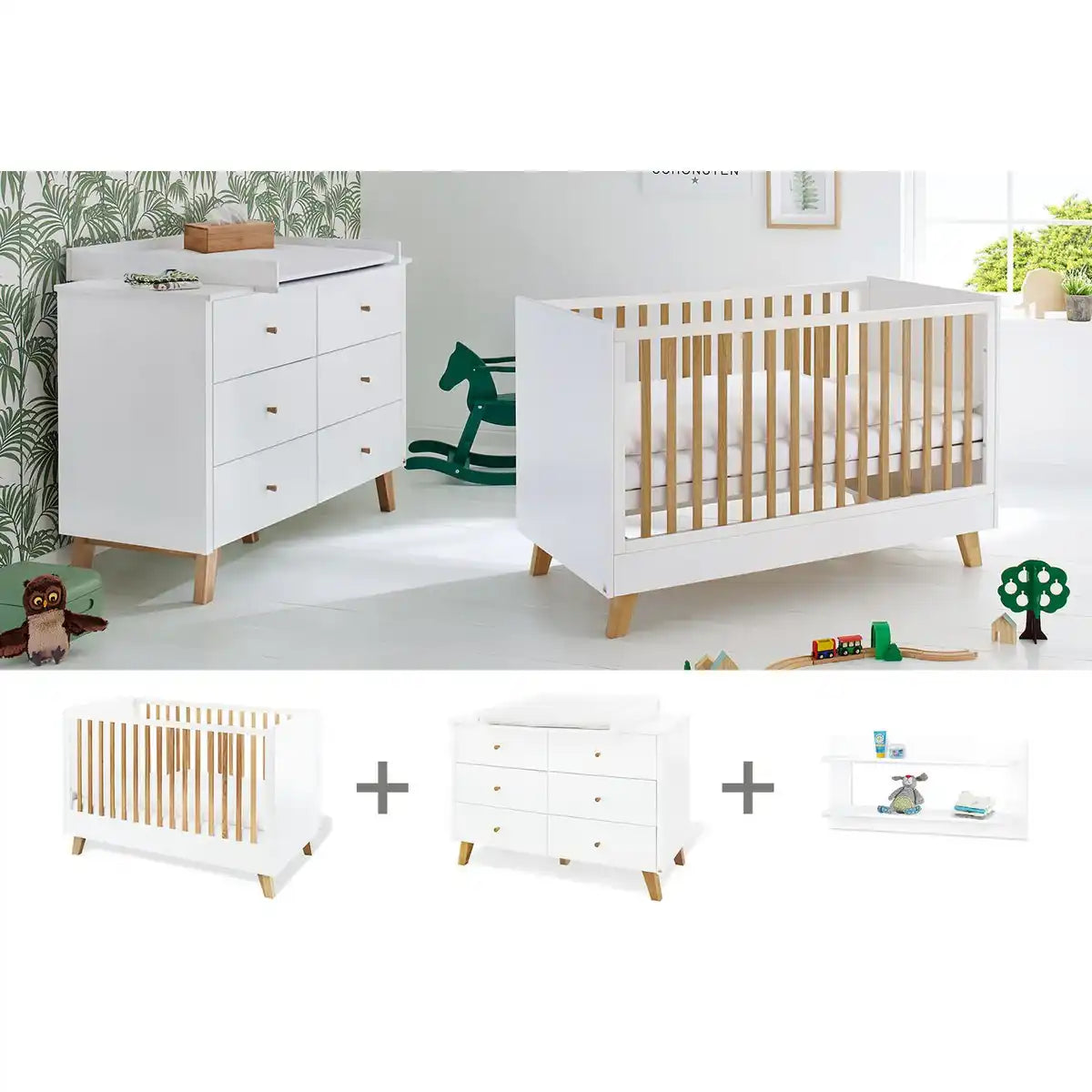 Starterset 'Pfanne' extrabreit, inkl. Wandregal
3-teilig: Kinderbett, extra breite Wickelkommode, Wandregal - HomeDesign Knaus