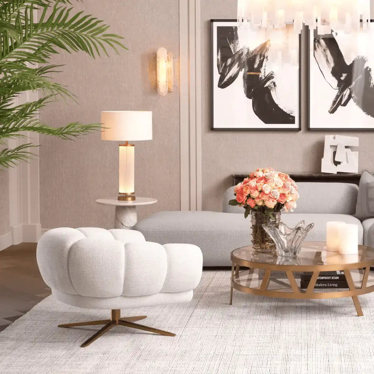 Sunset Drehstuhl Loungerssel Creme Sockel mit gebürstetem Messingfinish - HomeDesign Knaus