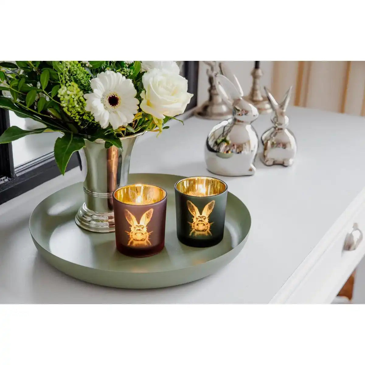 Teelicht Hase rosé & goldfarben Ø 7 cm, H 8 cm - HomeDesign Knaus