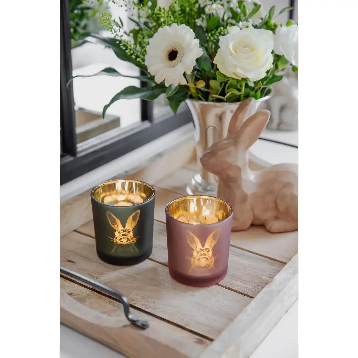 Teelicht Hase rosé & goldfarben Ø 7 cm, H 8 cm - HomeDesign Knaus