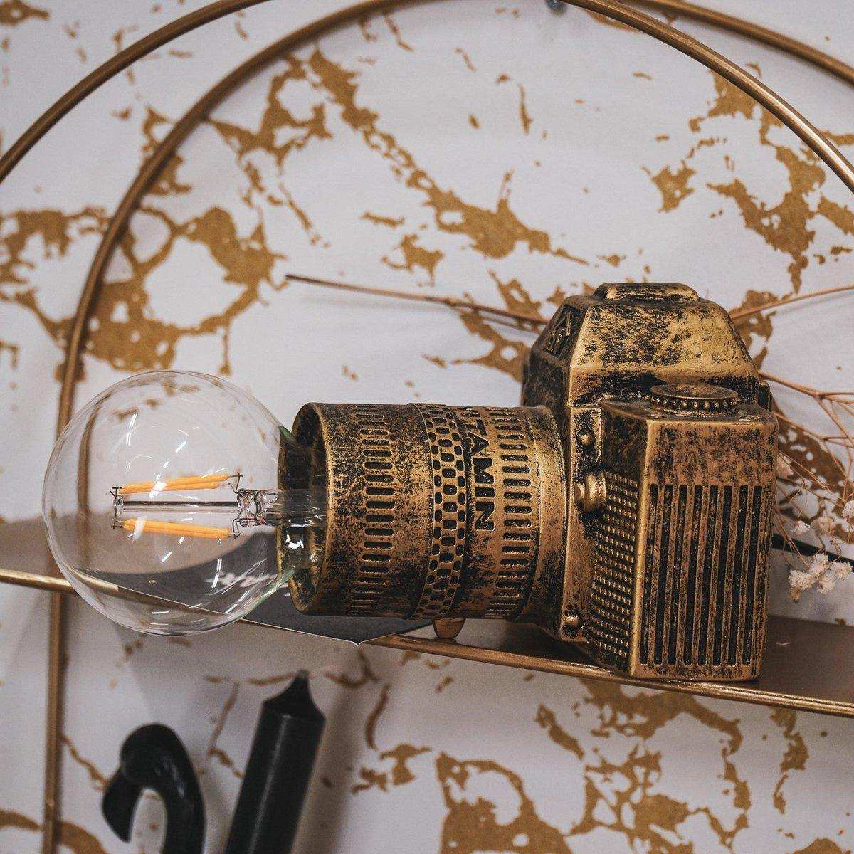 Tischlampe - Kamera - Polyresin - Gold - E27 - 15x12x14cm - HomeDesign Knaus