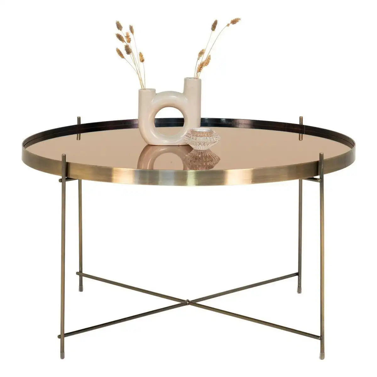 Venezia Couchtisch – Messingfarbener Stahl mit Glas, Ø70x40 cm - HomeDesign Knaus