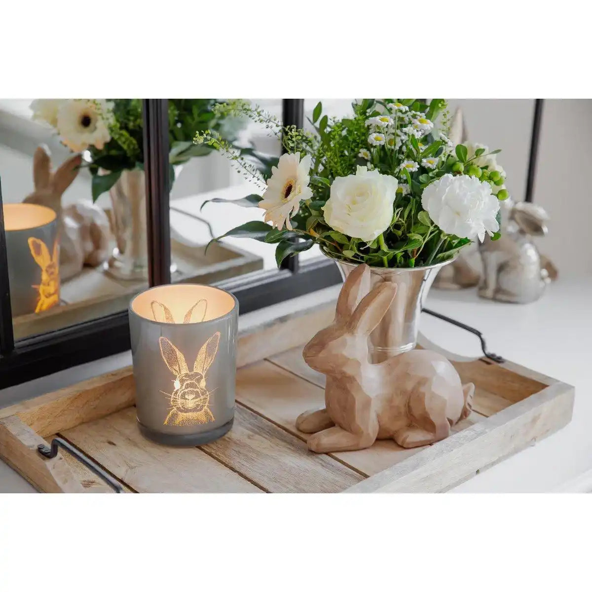 Windlicht Hase (Höhe 12,5 cm, ø 10 cm) in Grau, Teelichthalter, Teelichtglas im mit Hasen-Motiv - HomeDesign Knaus