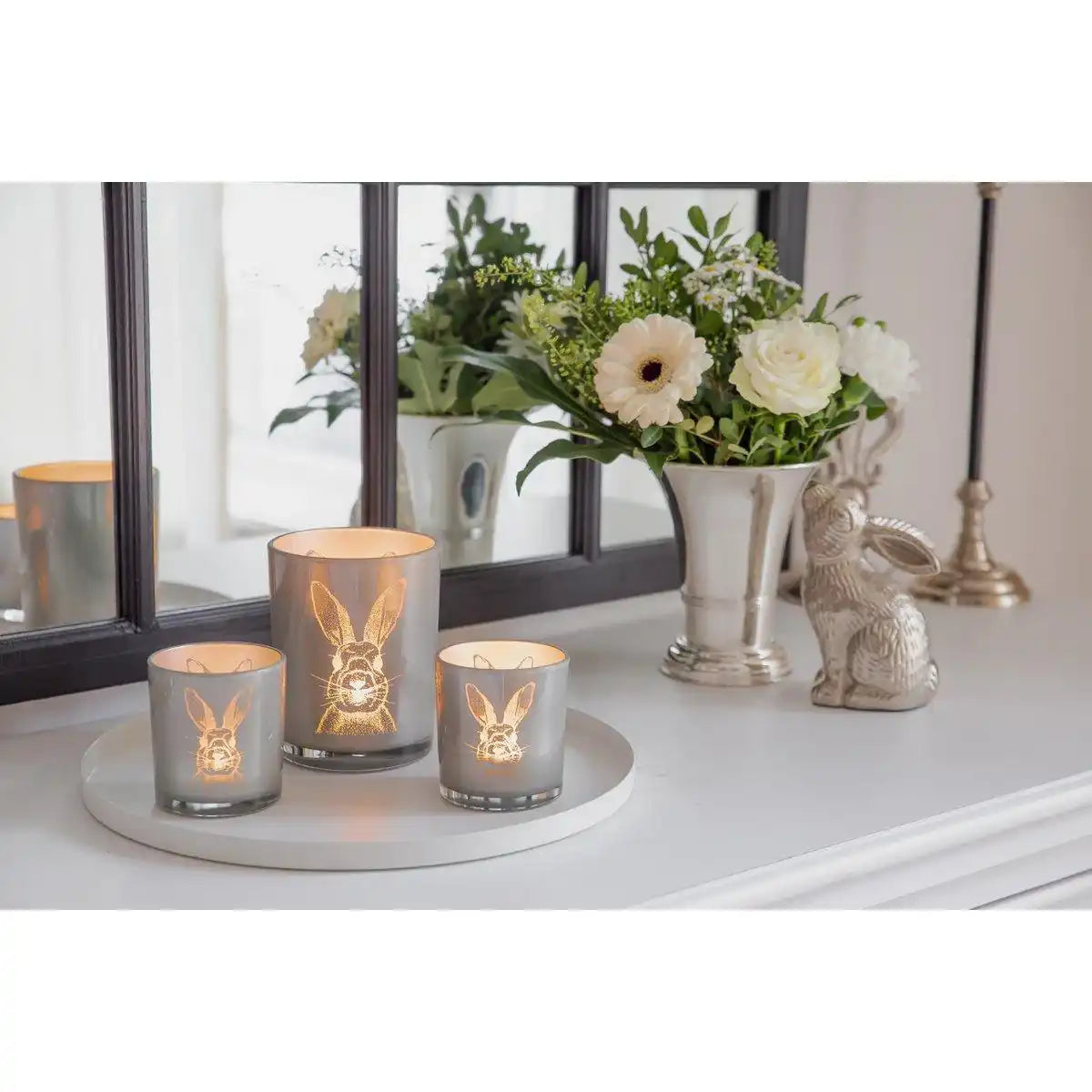 Windlicht Hase (Höhe 12,5 cm, ø 10 cm) in Grau, Teelichthalter, Teelichtglas im mit Hasen-Motiv - HomeDesign Knaus