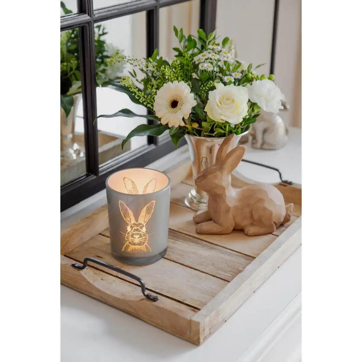 Windlicht Hase (Höhe 12,5 cm, ø 10 cm) in Grau, Teelichthalter, Teelichtglas im mit Hasen-Motiv - HomeDesign Knaus