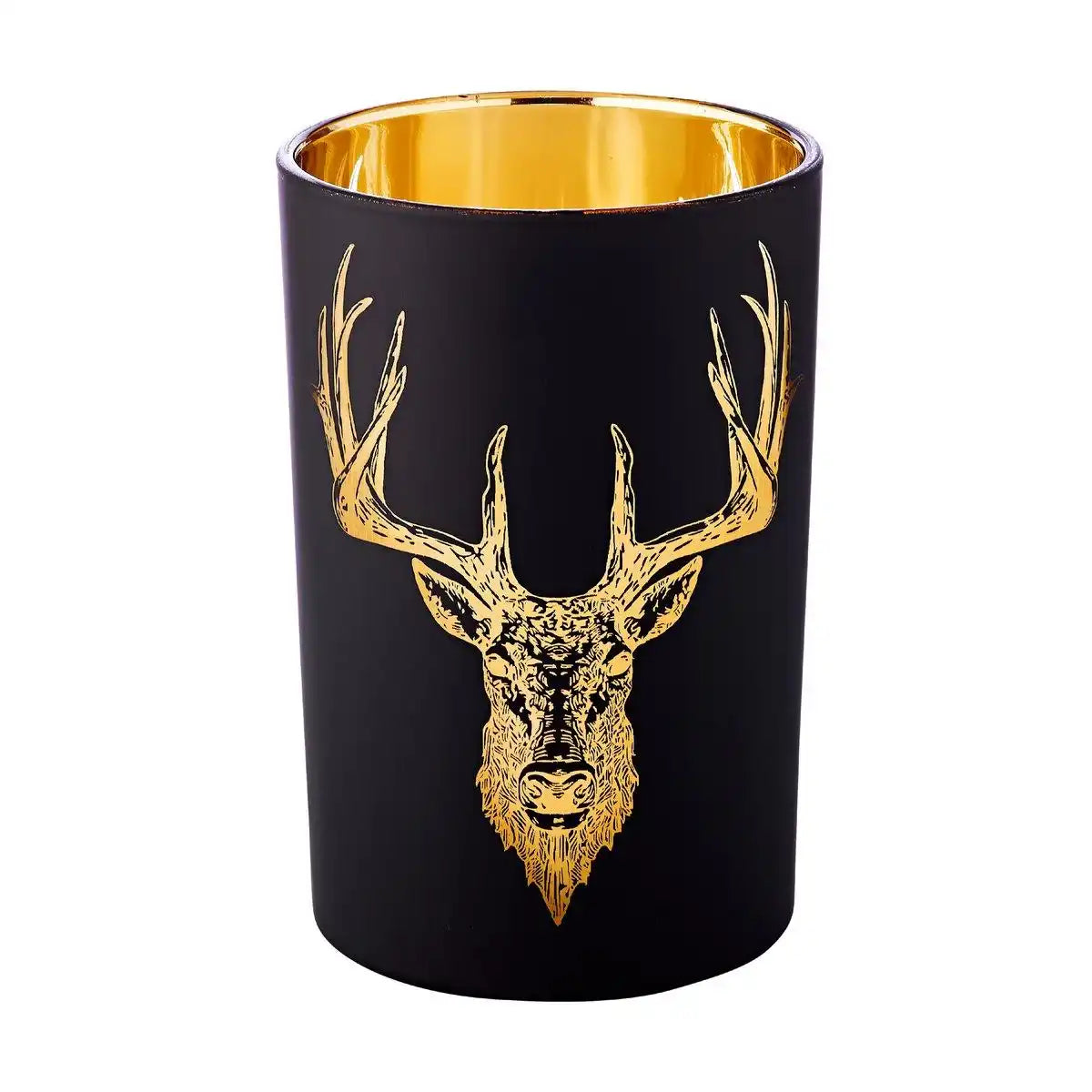 Windlicht Lio (Höhe 13 cm, Ø 10 cm), Hirsch-Motiv, außen matt-schwarz/innen gold - HomeDesign Knaus
