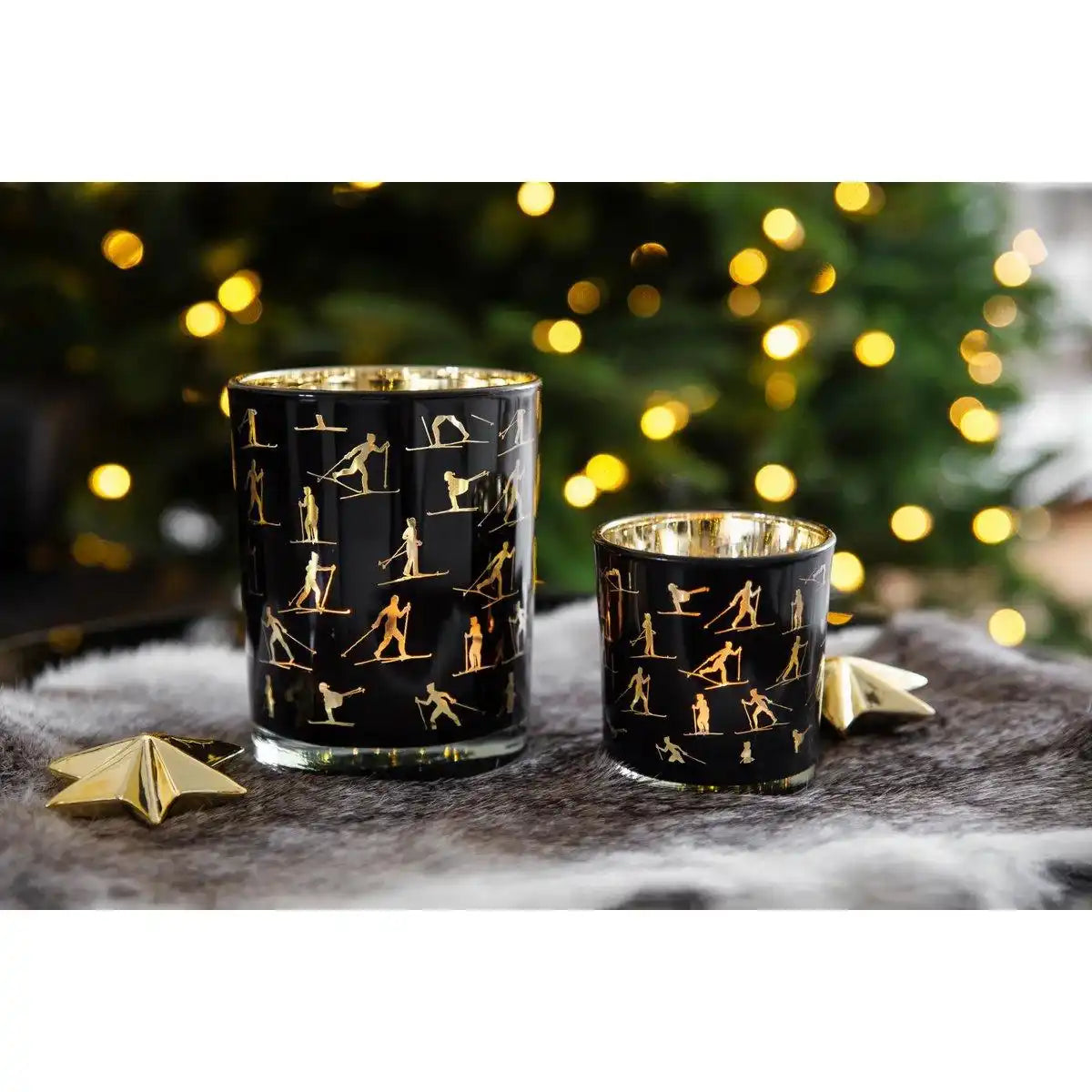 Windlicht Monty (Höhe 13 cm, ø 10 cm), Windlicht mit Skisport Motiv, innen gold / außen schwarz - HomeDesign Knaus