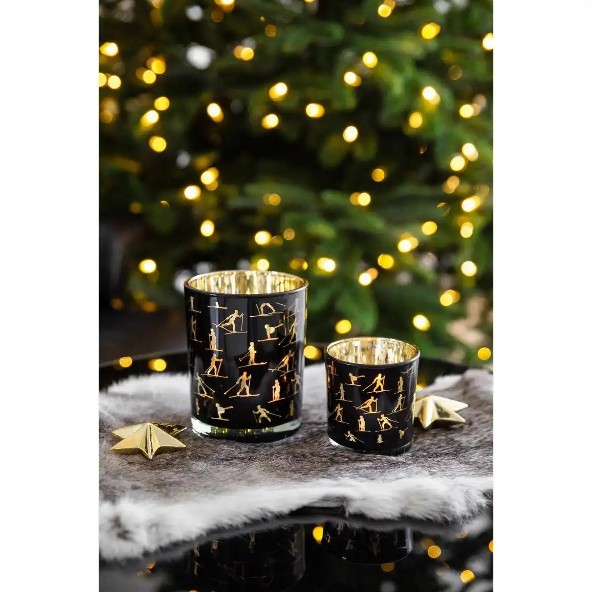 Windlicht Monty (Höhe 13 cm, ø 10 cm), Windlicht mit Skisport Motiv, innen gold / außen schwarz - HomeDesign Knaus
