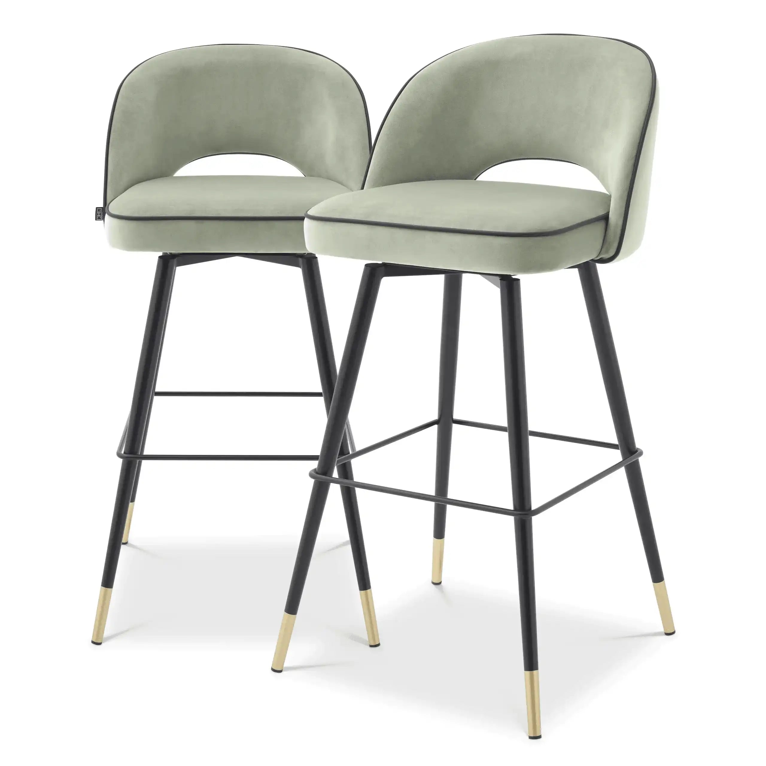 2er Set Barhocker Samt Barstuhl schwarze Kunstlederpaspelierung Messing-Finish - HomeDesign Knaus