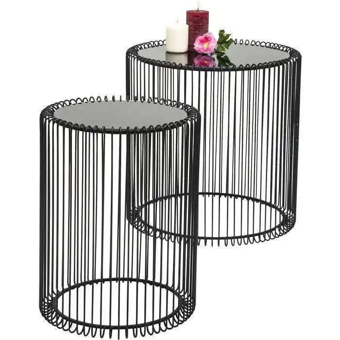 2er Set Wire Beistelltisch Couchtisch rund Schwarz Pulverbeschichtet Sicherheitsglas - HomeDesign Knaus