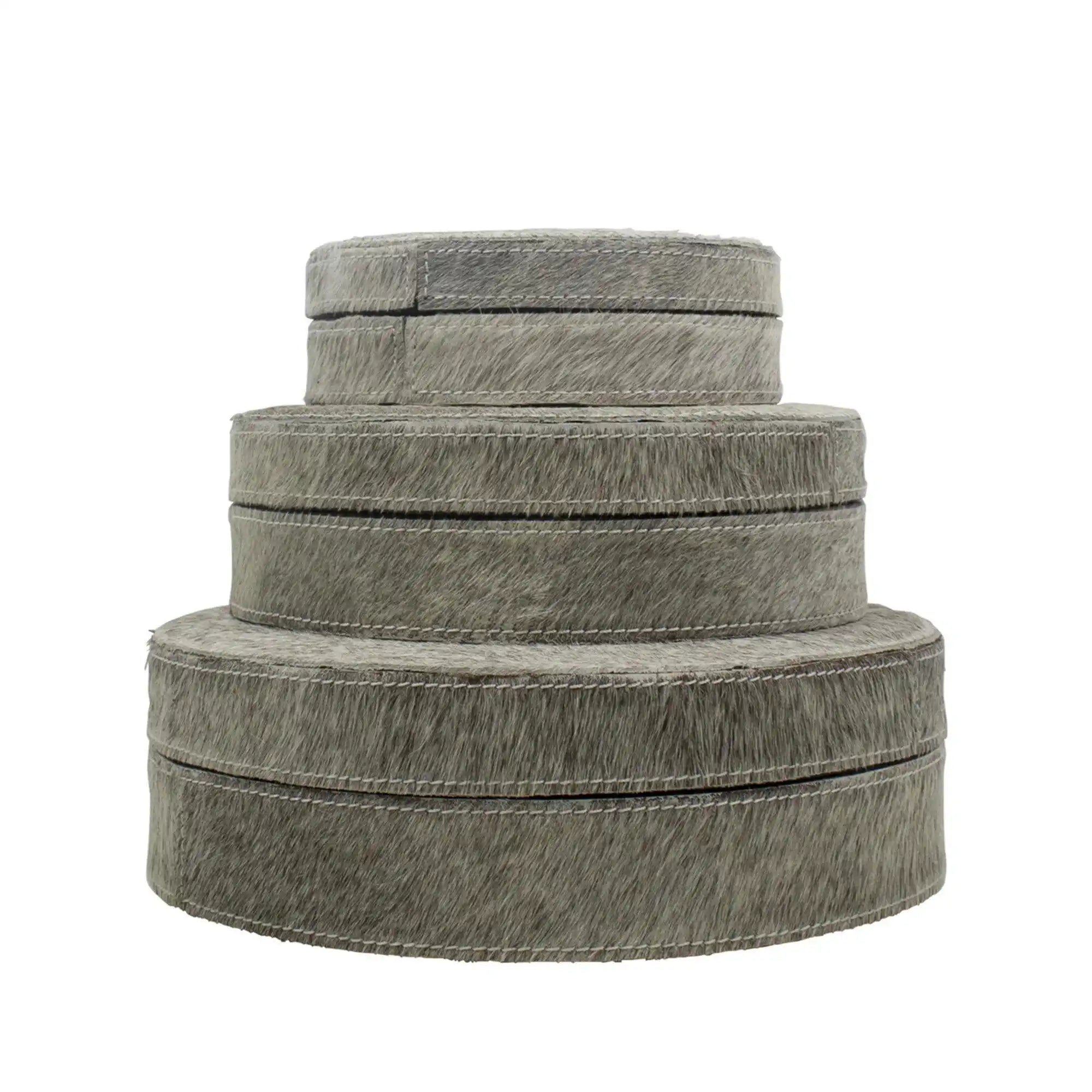 3er- Set Aufbewahrungsbox Echtfell Schmuckasten Kuhleder grau - HomeDesign Knaus