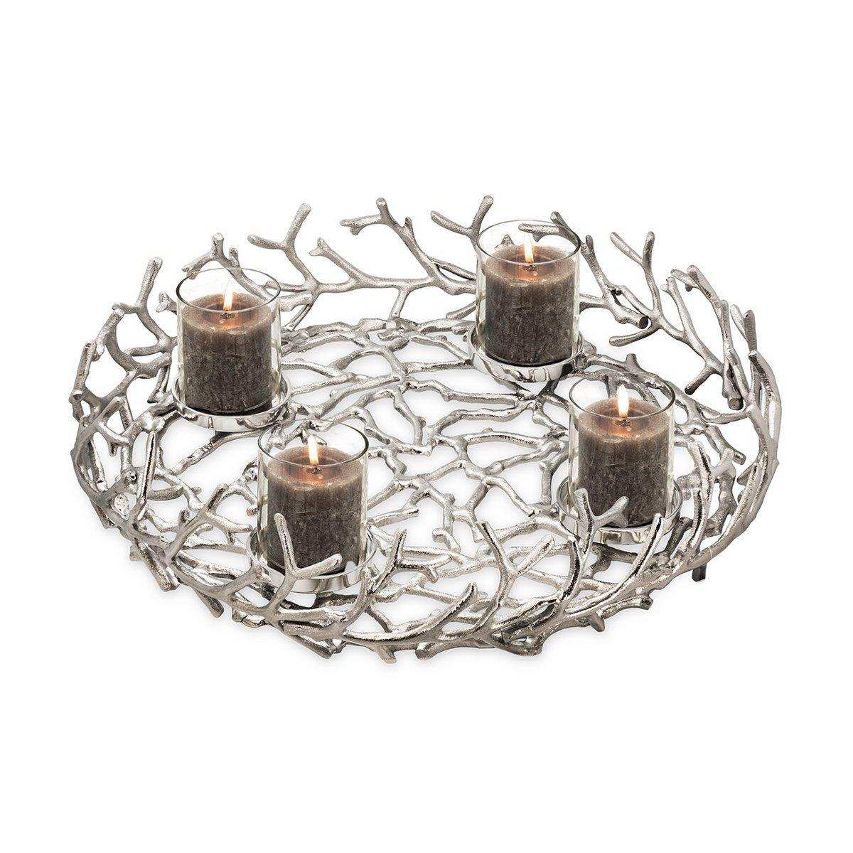 Adventskranz Porus, Geweih-Design, Aluminium vernickelt, ø 58 cm, mit Gläsern ø 8 cm - HomeDesign Knaus