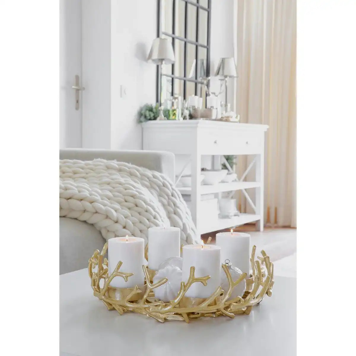 Adventskranz Porus Gold, Geweih-Design, Aluminium vernickel, Durchmesser 30 cm, für Kerzen ø 6 cm - HomeDesign Knaus