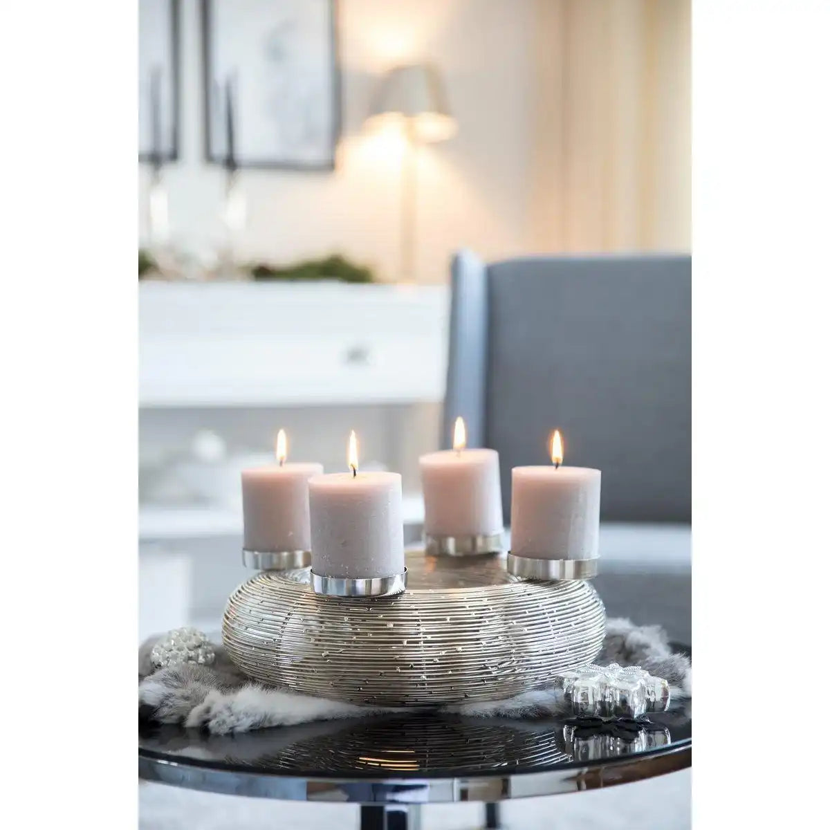 Adventskranz Verona, Edelstahl glänzend vernickelt, Durchmesser 30 cm, für Stumpenkerzen ø 6 cm - HomeDesign Knaus