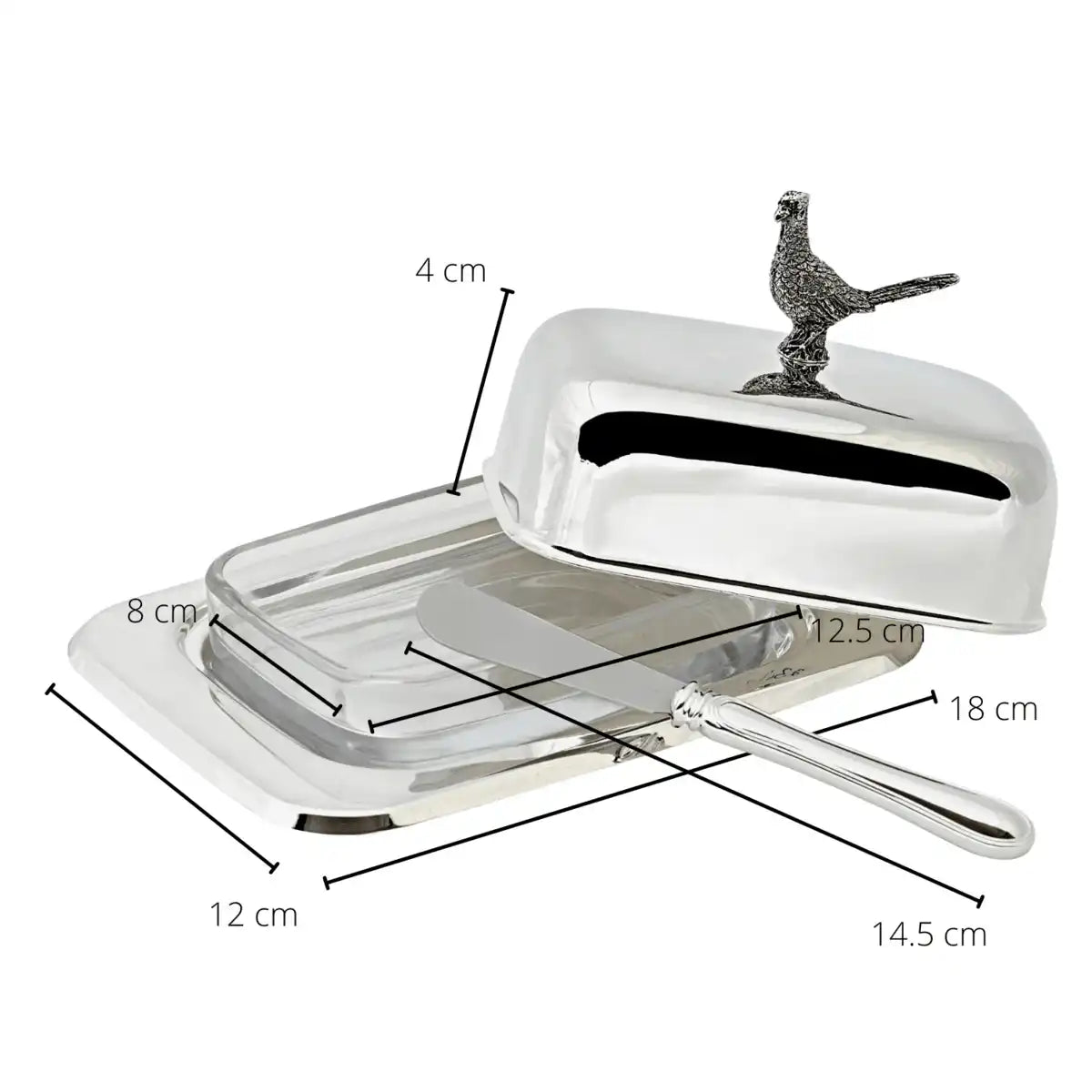 Butterdose Fasan Glaseinsatz Edelstahl versilbert mit Buttermesser - HomeDesign Knaus