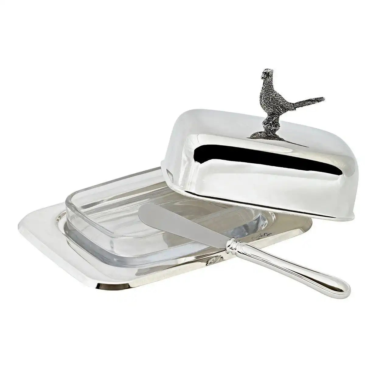 Butterdose Fasan Glaseinsatz Edelstahl versilbert mit Buttermesser - HomeDesign Knaus