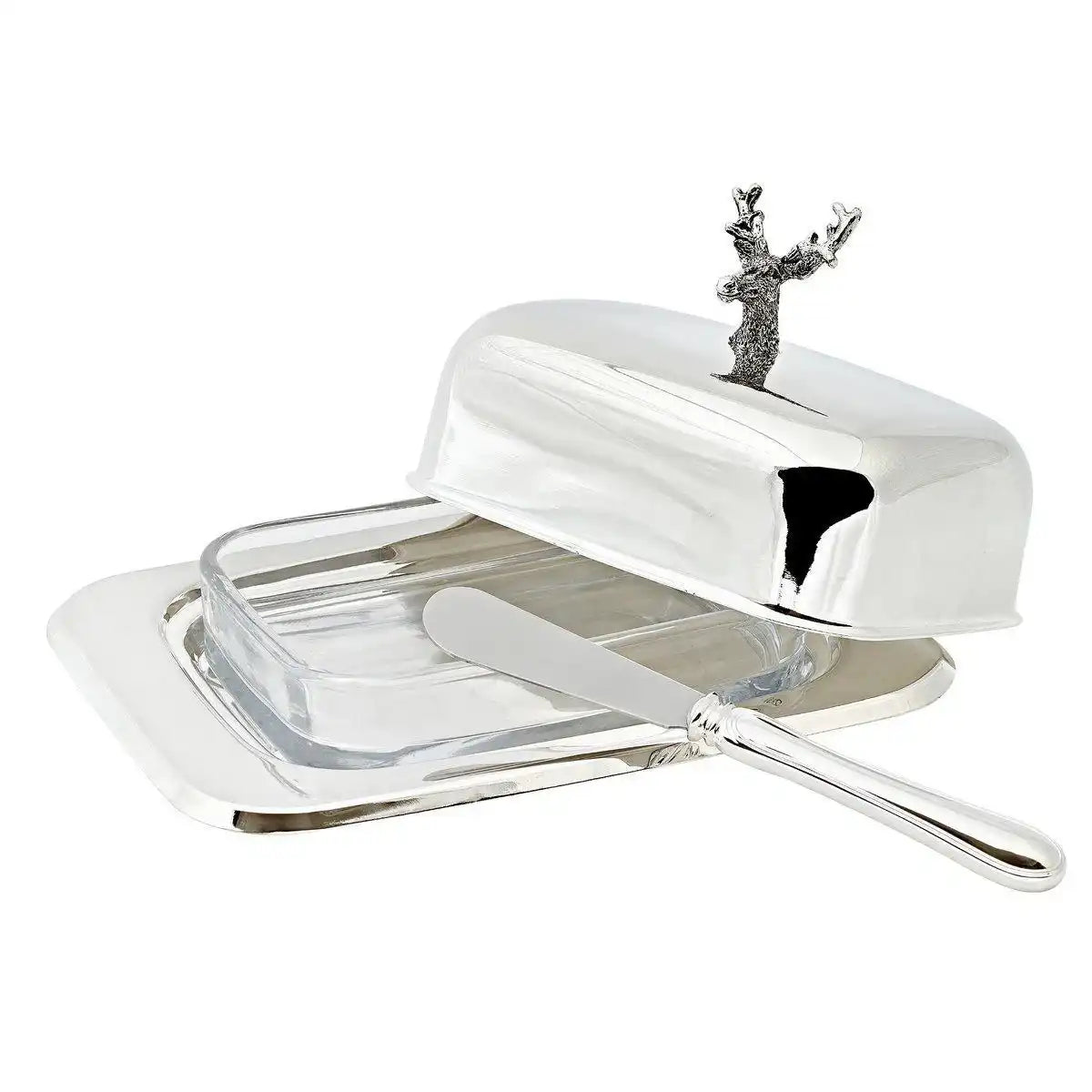 Butterdose Hirsch Glaseinsatz Edelstahö versilbert mit Buttermesser - HomeDesign Knaus