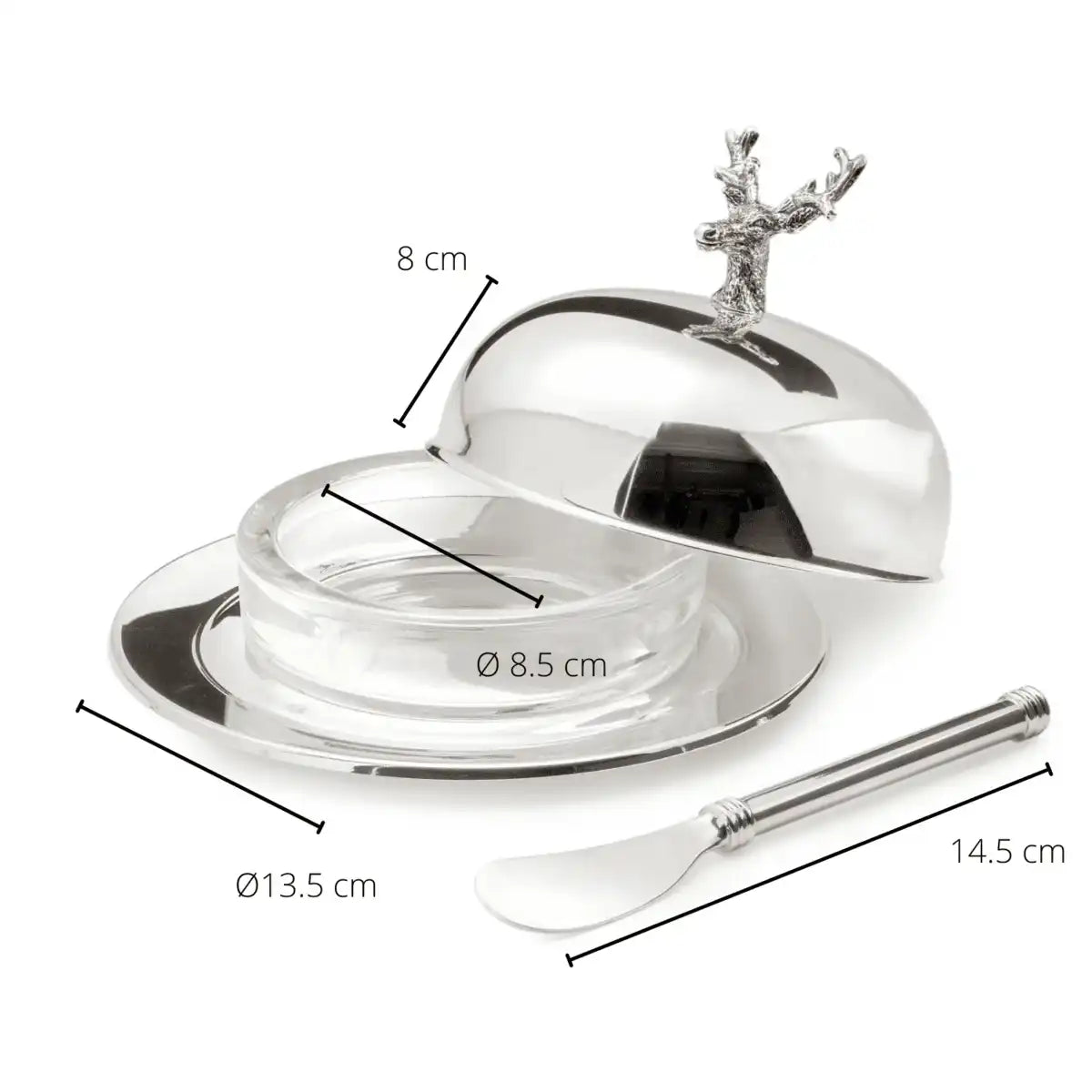 Butterdose Hirsch Glaseinsatz Edelstahö versilbert mit Buttermesser - HomeDesign Knaus