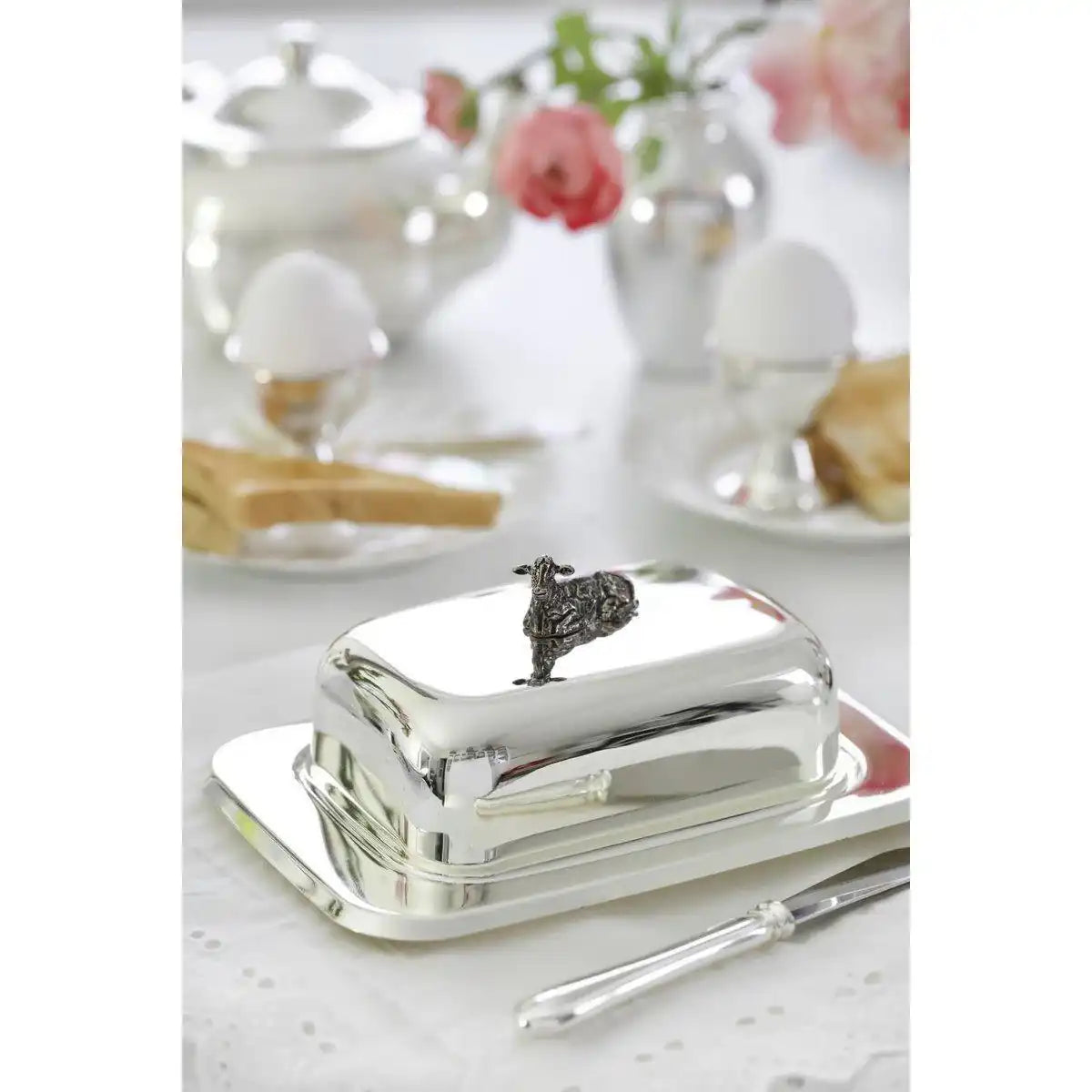 Butterdose Kuh Glaseinsatz Edelstahl versilbert mit Buttermesser - HomeDesign Knaus