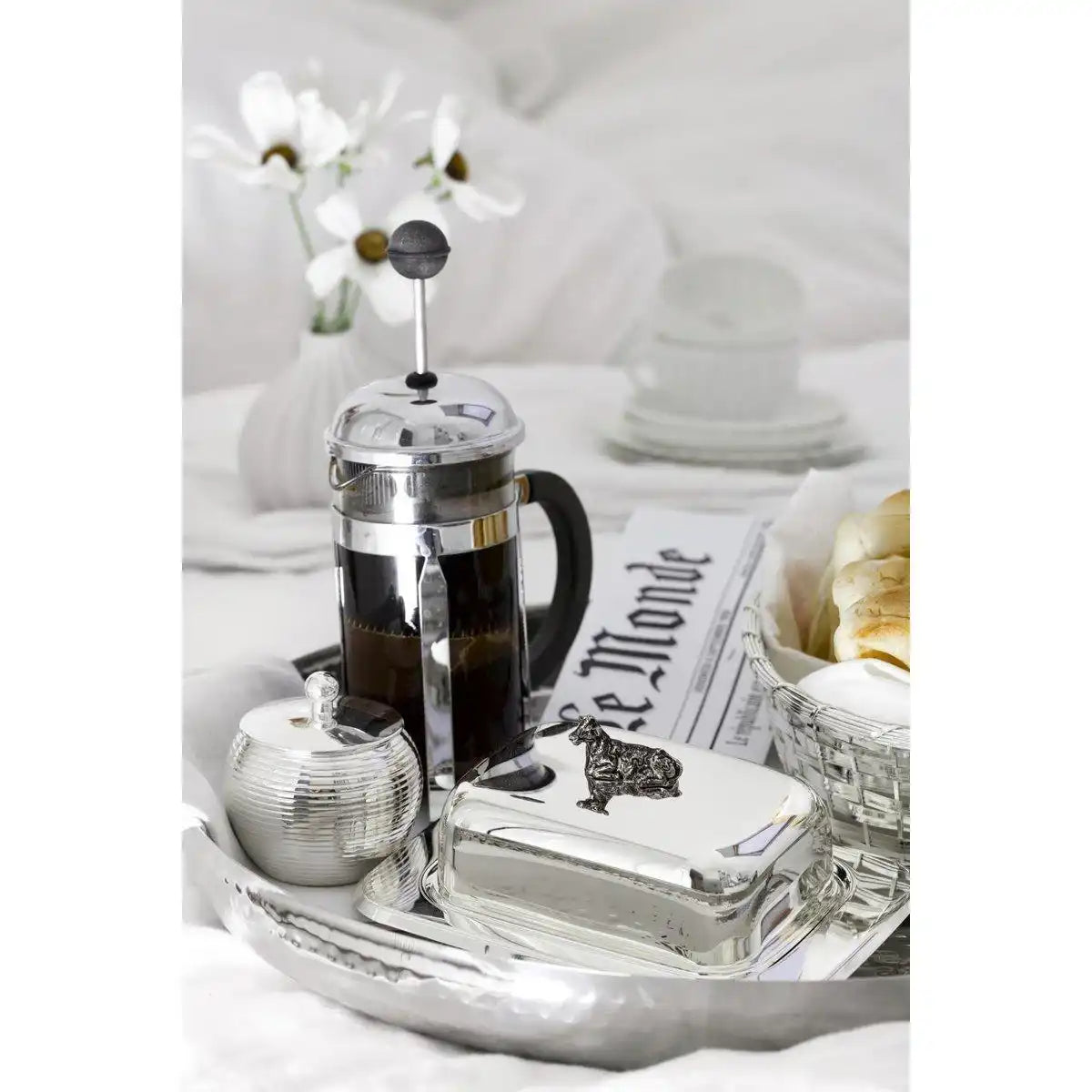 Butterdose Kuh Glaseinsatz Edelstahl versilbert mit Buttermesser - HomeDesign Knaus