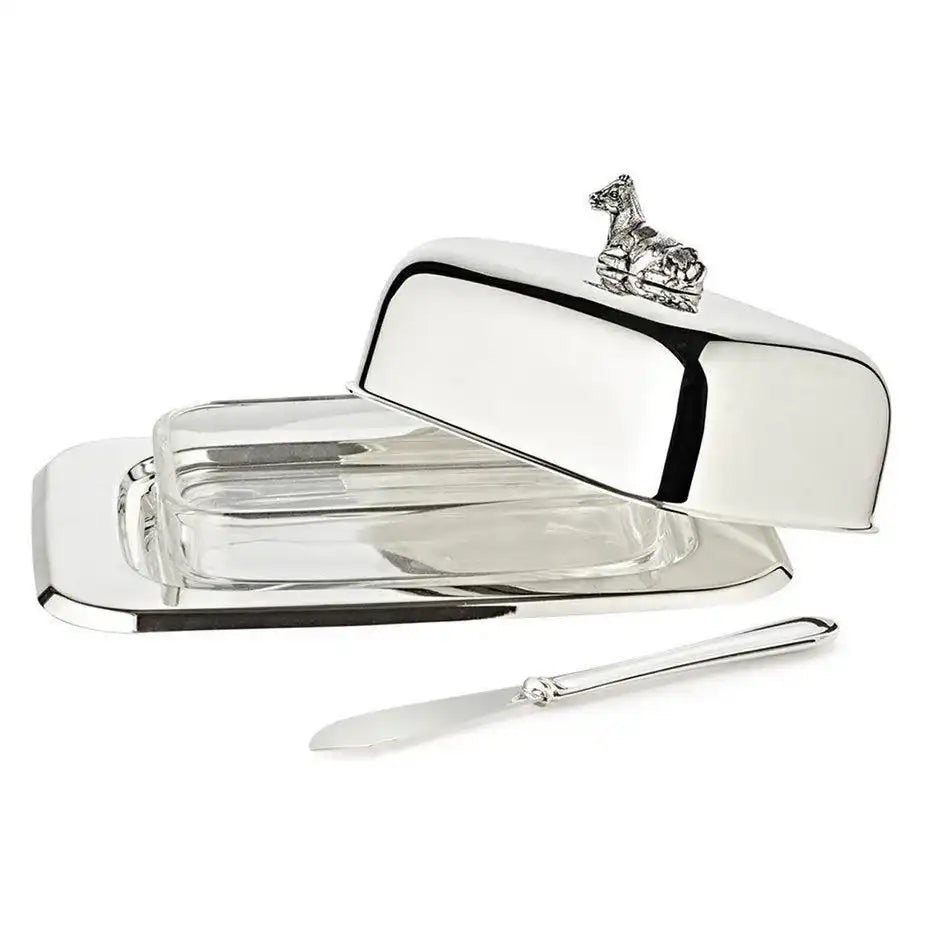 Butterdose Kuh Glaseinsatz Edelstahl versilbert mit Buttermesser - HomeDesign Knaus