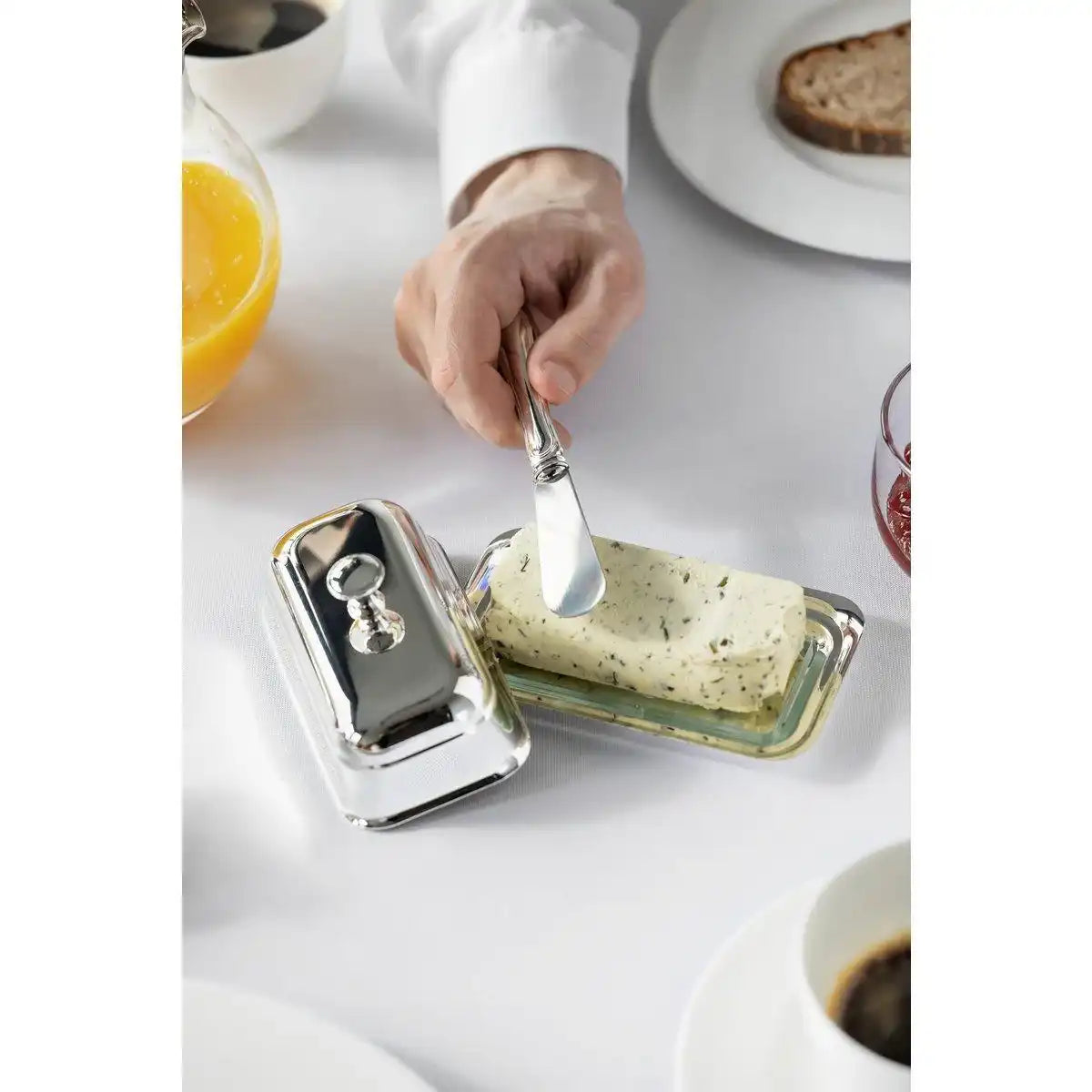 Butterdose Mary mit Glasplatte Edelstahl versilbertinkl. Buttermesser - HomeDesign Knaus