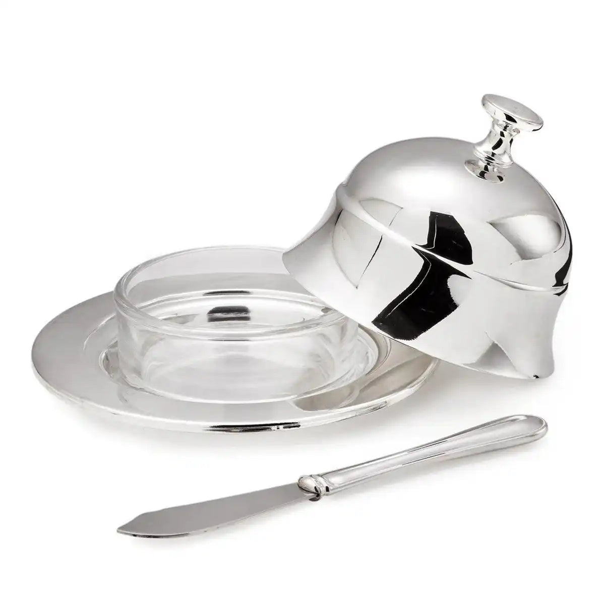 Butterdose mit Deckel Epe Chrom versilbert mit passendem Buttermesser - HomeDesign Knaus