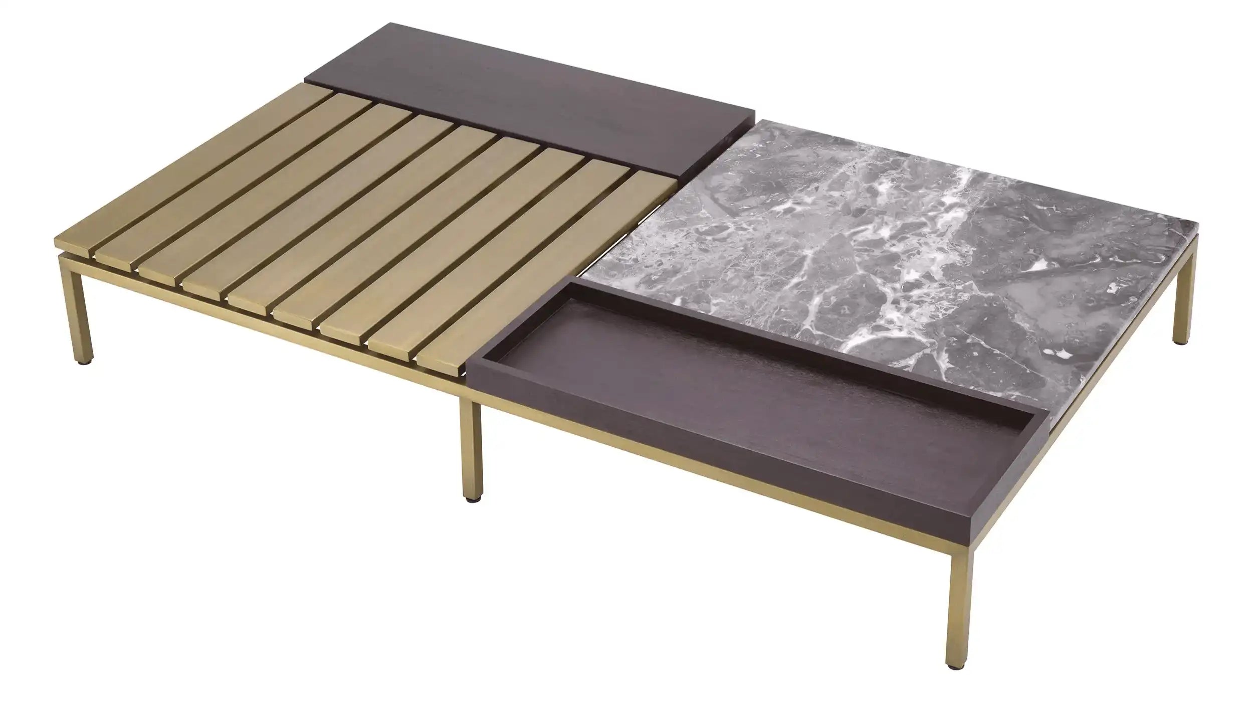 Coffee Couchtisch Gebürstetes Messingfinish Marmor mit Eichenfurnier Handarbeit - HomeDesign Knaus