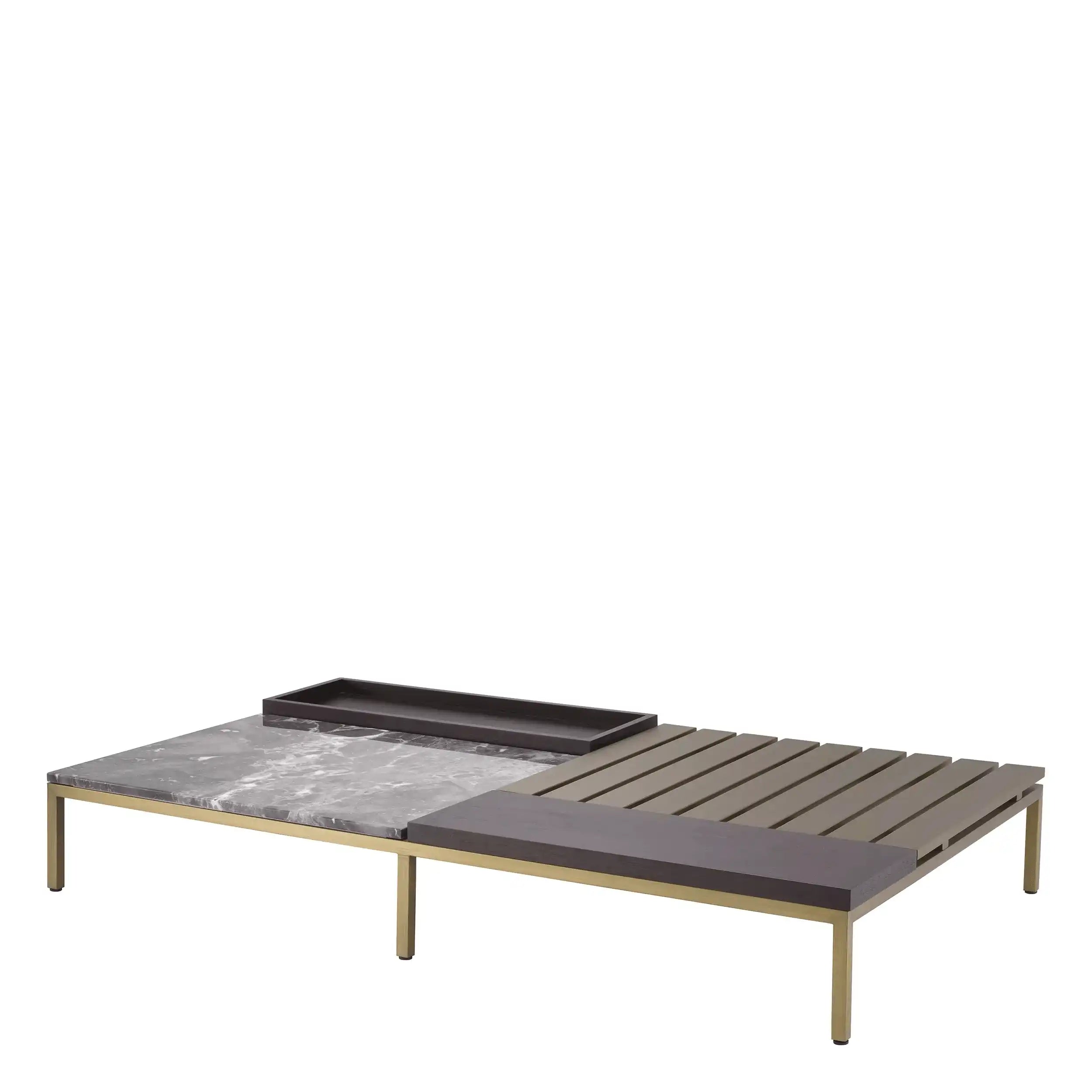 Coffee Couchtisch Gebürstetes Messingfinish Marmor mit Eichenfurnier Handarbeit - HomeDesign Knaus