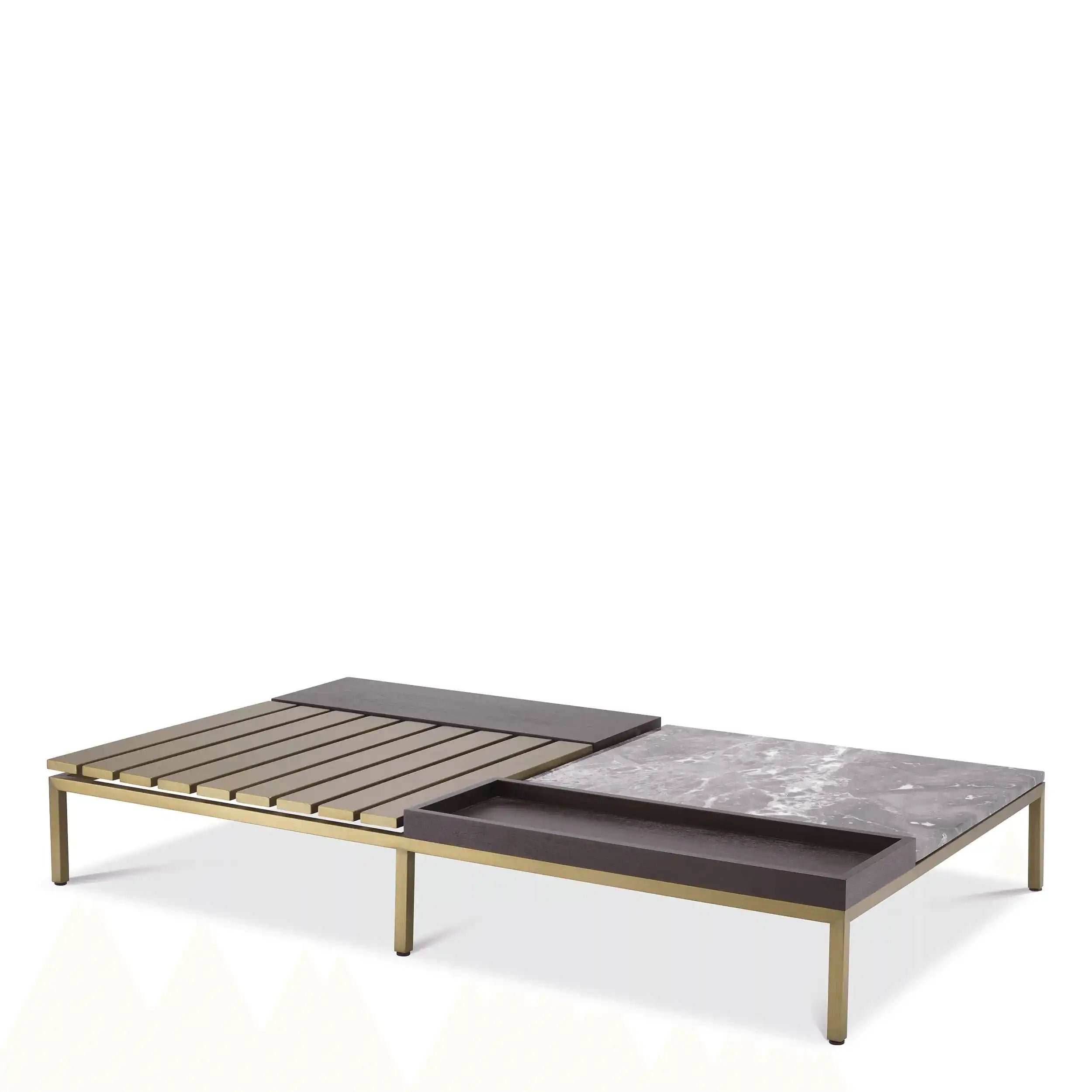 Coffee Couchtisch Gebürstetes Messingfinish Marmor mit Eichenfurnier Handarbeit - HomeDesign Knaus