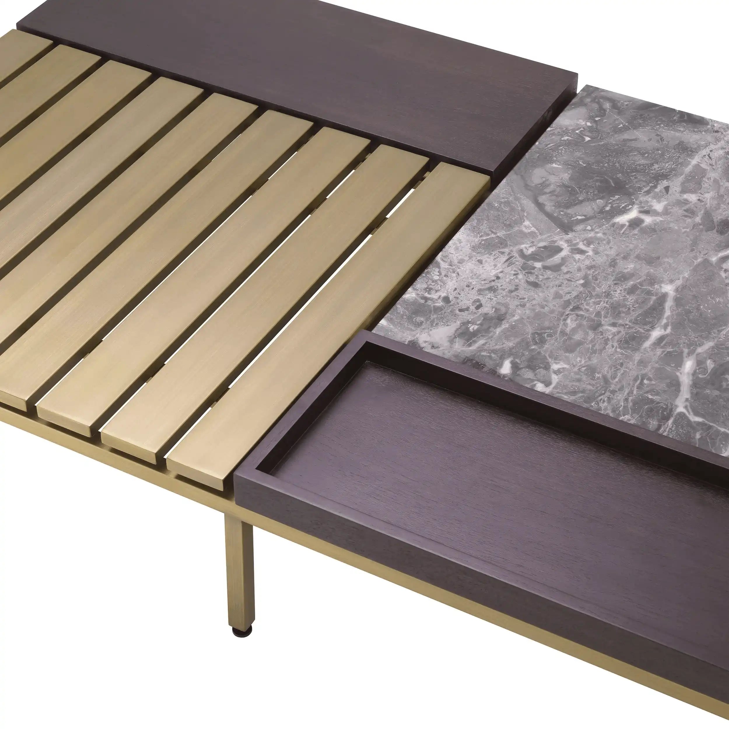 Coffee Couchtisch Gebürstetes Messingfinish Marmor mit Eichenfurnier Handarbeit - HomeDesign Knaus