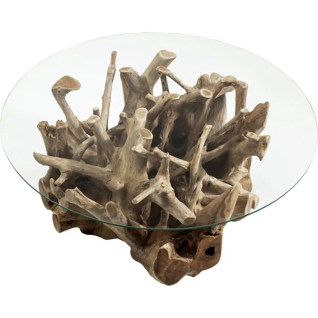 Designer Roots Couchtisch Tisch Glastisch Natur Teak Massivholz 100 cm - HomeDesign Knaus