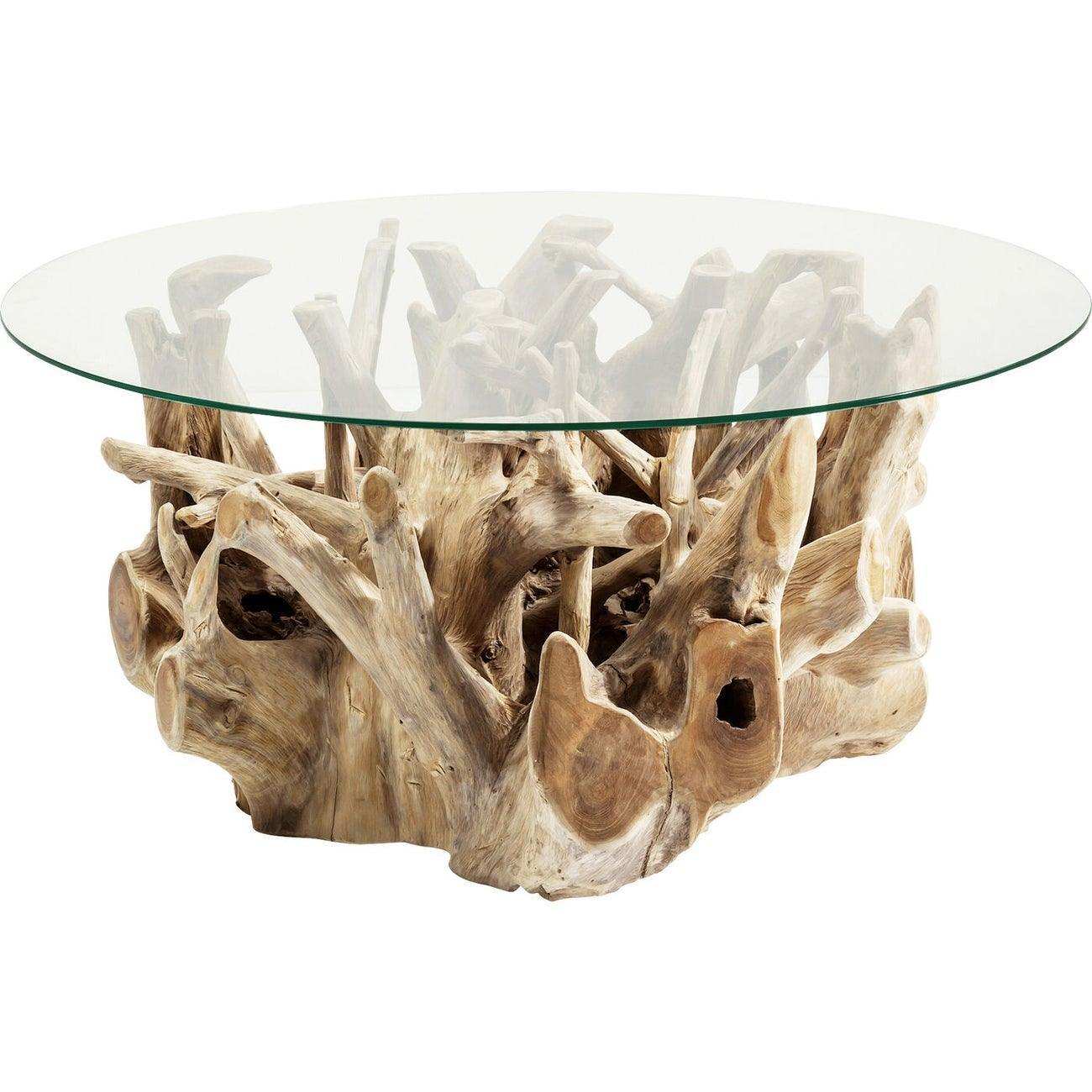 Designer Roots Couchtisch Tisch Glastisch Natur Teak Massivholz 100 cm - HomeDesign Knaus